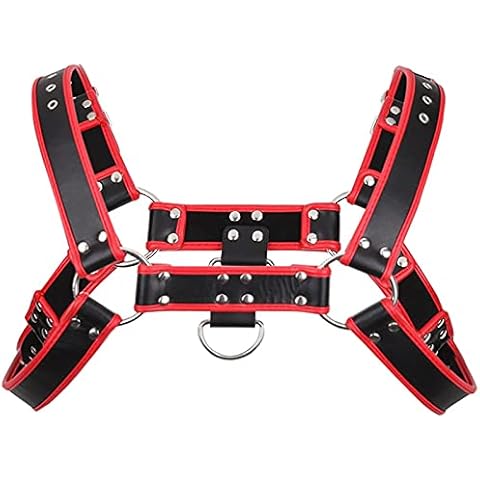 ZUYPSK Men's Adjustable PU Leather Body Chest Harness Punk Gothic Slave Bandage Costumes Party Club Outfits (Red, One Size), red, One Size Cover