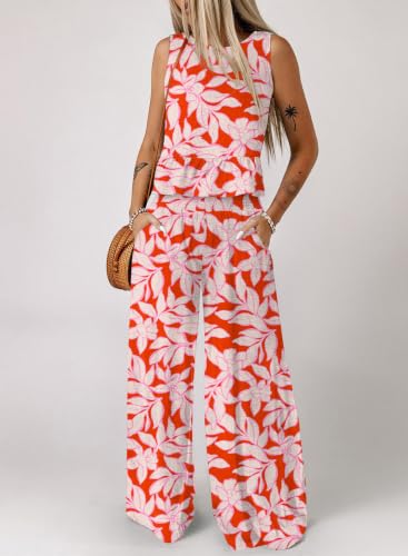 Image of Dokotoo Pants Sets Women 2 Piece Outfits Sleeveless Round Neck Tank Tops Matching Sets for Women Elastic Waist Wide Leg