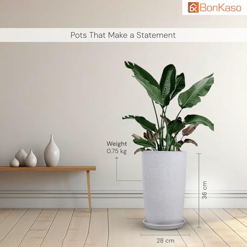 Image of BonKaso 14 inch White Flower Pot - Tall, Durable & Lightweight Polymer Tower Planter for Indoor & Outdoor Use: Home, Office, Garden & Balcony (Gamla /Gamale)