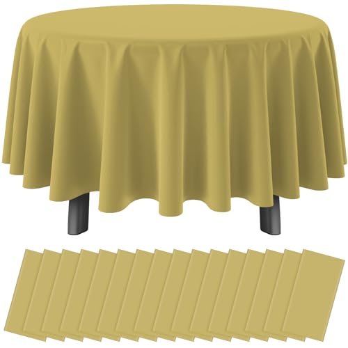 Image of 16 Pack Gold Plastic Tablecloth for Round Tables, Premium Decorative Gold Disposable Table Cloths for Parties, Bulk Round Party Table Cover for Birthday Wedding Anniversary Graduation, 84 Inch