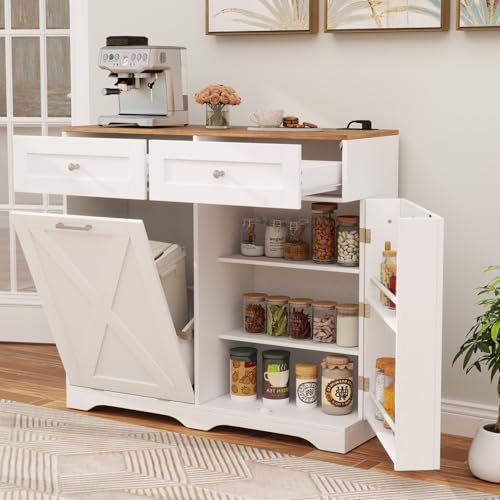 DORTALA Tilt Out Trash Can Cabinet, Farmhouse Wooden Kitchen Island with Hidden Trash Can, 2 Drawers, Power Outlet, Adjustable Shelves, Dog Proof Garbage Bin Cabinet for Kitchen & Laundry Room (White)