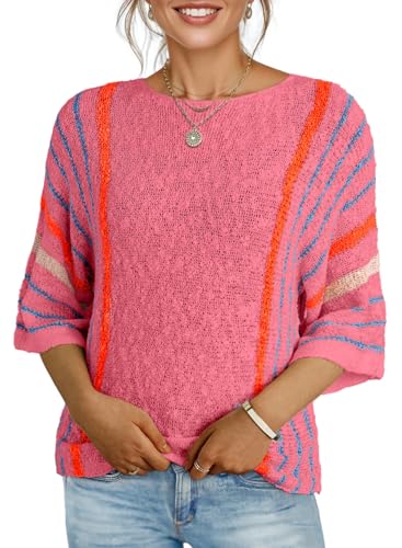 Image of Dokotoo Womens 2026 Spring Summer Casual Crewneck 3 /4 Sleeve Striped Lightweight Knit Trendy Boho Tops Pullover Sweaters