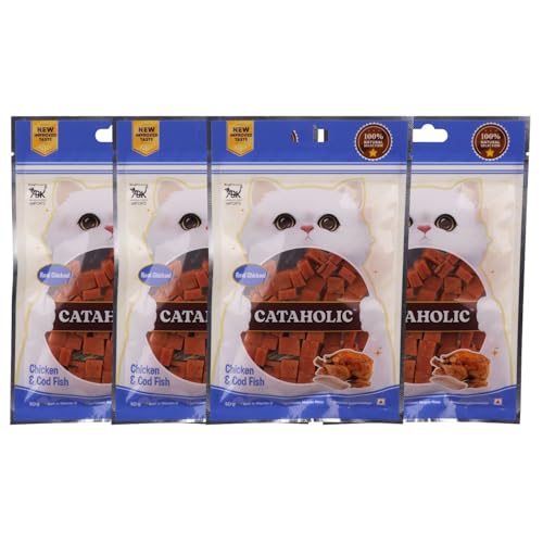 Image of Cataholic Chicken & Fish Treats for Cats and Kittens | Cube Chicken & Codfish Snack | High Protein, Easily Digestible, Healthy Cat Treats for Training & Daily Rewards - 50 gm (Pack of 4)