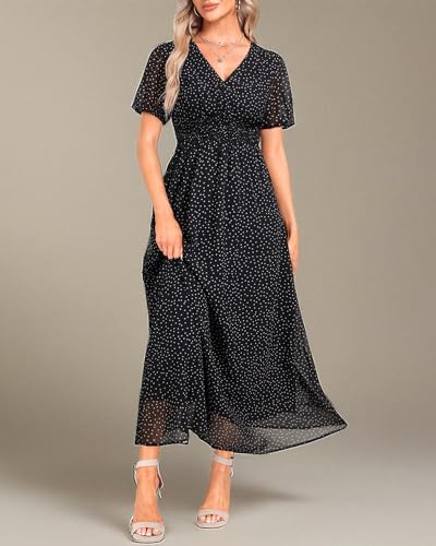 Image of Holipick Women Summer Casual Dress Wedding Guest V Neck Short Sleeves Smocked Waist Chiffon Swing Knee Length Midi Dresses