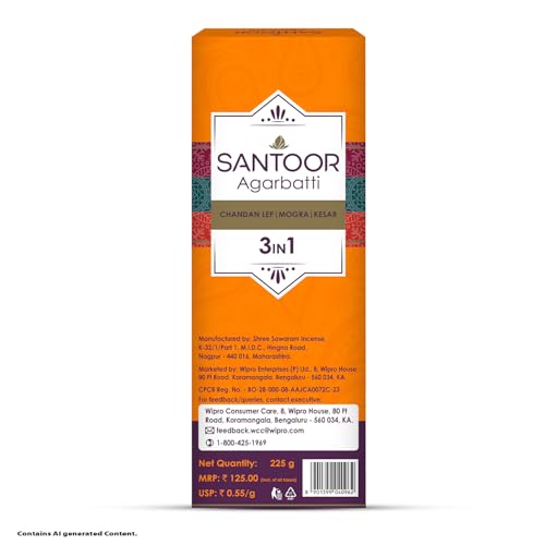 Image of Santoor Three in One Agarbatti. Premium Scented Agarbatti Made with Pure Chandan Lep. Chandan Lep | Mogra | Kesar| Pack of 2