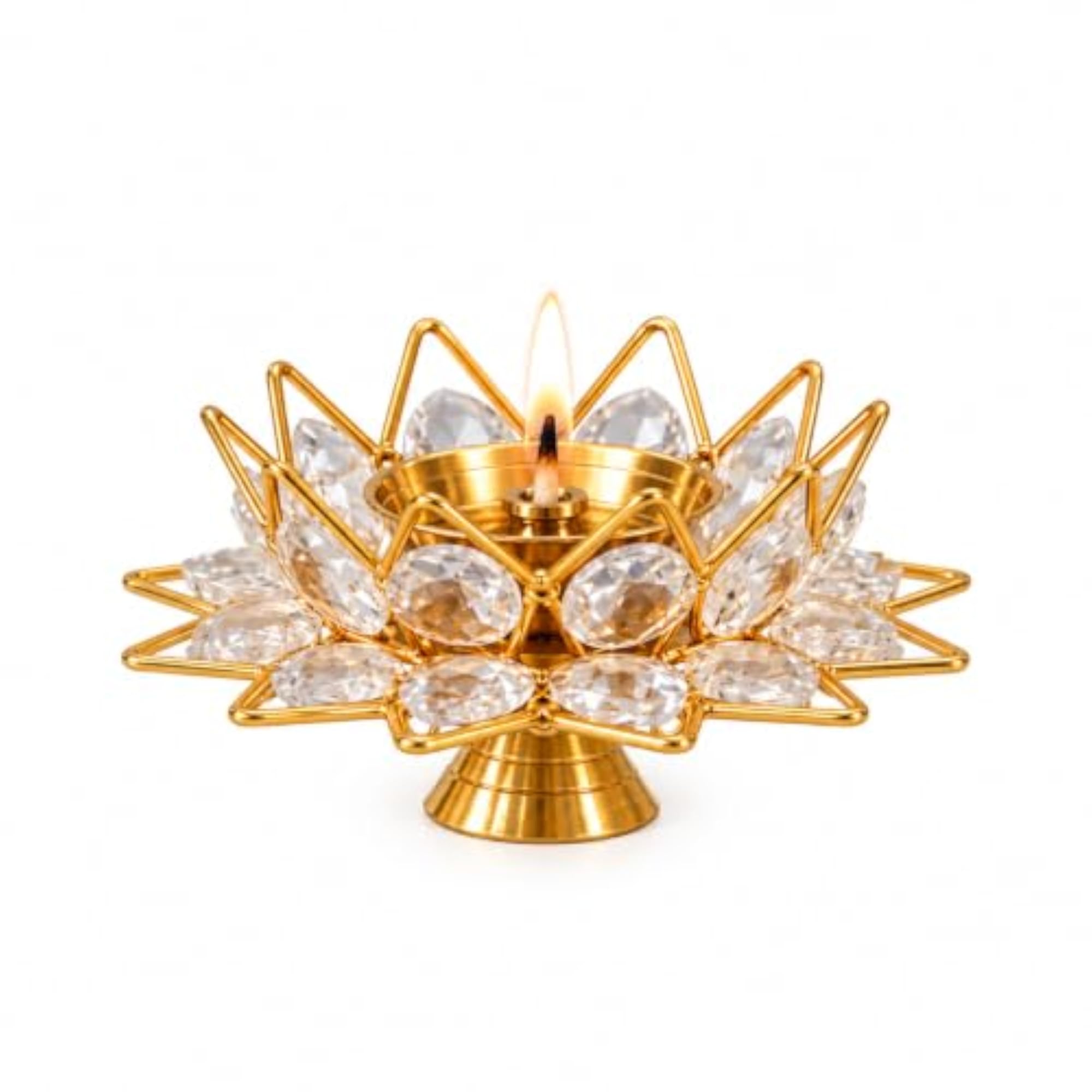 Golden Lotus Shaped Crystal Brass Diya, Diwali Decoration