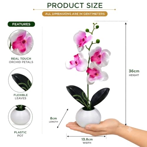 Image of CURATED CART Artifical Orchid Flower Pot, Pink & White Flower with Vase, Ideal for Home Decor, Office Decor, Gifting, 4 Flower Heads, Size 36 x 9cm