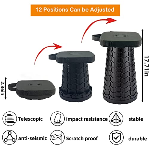 Image of Collapsible Camping Stool with Seat Cushion & Nylon Bag, Square Portable Telescopic Stool, Lightweight Sturdy Foldable Stool for Camp Fishing Picnic, Max Load 550 lb