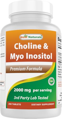 Best Naturals Choline Inositol (Myo Inositol) 2000 mg par portion 250 comprimés – Sans OGM, sans gluten, fabriqué aux États-Unis