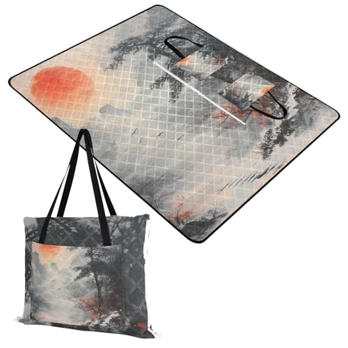 Yoogain Camping Blanket Cute Outdoor Portable Blanket for Women 30s Concert Blankets Sunset Landscape Chinese Ink Painting 60x80in
