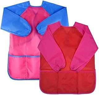 Natuce 2 Pack Kids Art Smock Toddler Children Painting Apron, Waterproof Play Apron Long Sleeves With 3 Roomy Pockets Age 3-7 Years Girls And Boys for Painting, Craft, Water Play, Eating(Pink+Red)