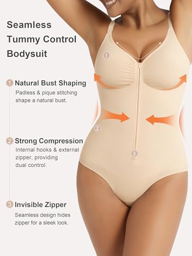 Image of SHAPERX Women's Shapewear Bodysuit Tummy Control Seamless Zip-Up Body Shaper Waist Defining Body Suit