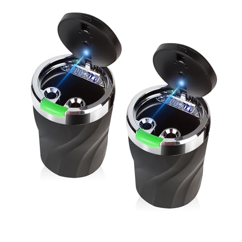 Cendrier de voiture, cendrier voiture avec couvercle à ressort, portable non - fumeur avec lumière LED, en acier inoxydable pour le camping (Vert 2 pièces)
