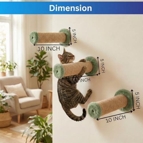 Image of Wall-Mounted Cat Scratching Poles, Natural Jute, Blue Plush Ends, Space-Saving Design (10X5 INCH) (FURR-155) (Green)