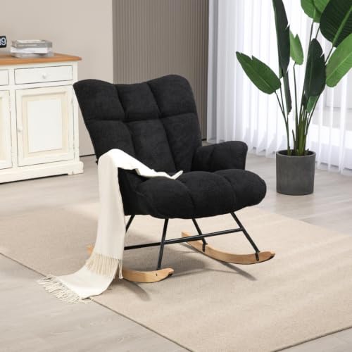 Image of SAETSFEG Rocking Chair Nursery Teddy Upholstered Glider Rocker Rocking Accent Chair Padded Seat with High Backrest Armchair Comfy Side Chair for Living Room Bedroom Offices (Black Teddy)