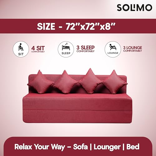 Image of Amazon Brand - Solimo 4 Seater 6 * 6 Jute Fabric Washable Cover Sofa Cum Bed with 4 Cushions 4 Seater Double Foam Fold Out Sofa Cum Bed (Finish Color - Maroon Delivery Condition - Pre-Assembled)