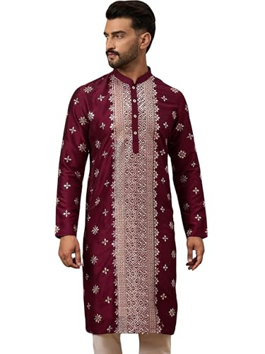 Image of Men's Solid Calf Length Silk Blend Embroidered Kurtas | Men | Kurtas for Mens | Straight Fit Kurta for Men's
