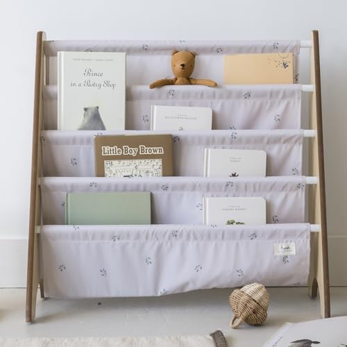 Image of 3 Sprouts Kids Bookshelf with Recycled Fabric - 4-Tier Sling Storage for Kids Rooms Holds 35 Titles - Toddler Organizer for Ages 3+ - Blueberry Taupe