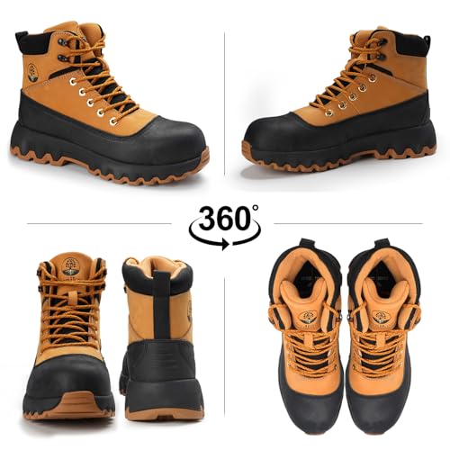 Image of Mens Work Boots Composite Toe Boots for Men Genuine Leather Rubber Sole No Slip Waterproof Shoes Industrial & Construction Safety Boots