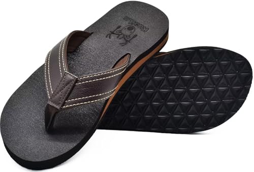 KuaiLu Chanclas Hombre Verano Playa Piscina Cuero y Tela Flip Flops Caballero Comodas Piel Planas Caminar Sandalias De Dedo Antideslizante Yoga Espuma Chancletas Tan 43
