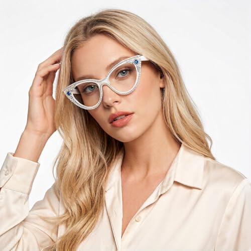 Image of ICARA Sparkling Crystal Retro Cat Eye Frame Bling Rhinestone Reading Glasses for Women Blue Light Blocking Computer Eyeglass