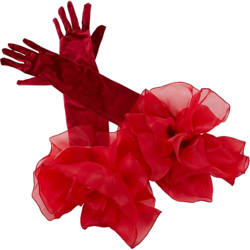Dark Red Opera Party Gloves Long Vintage Soft Satin Velvet Costume Formal with Polyester Ruffle Tulle Cuff Elbow Length Arm Sleeves Glove for Women Prom Banquet Dancing Dress Gift