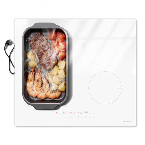 Karinear Plaque à Induction Blanche 4 Feux, Plaque Induction Encastrable 60 CM avec Prise, Zone Flexible, Verre Céramique Blanc, Curseur Tactile, Verrouillage de...