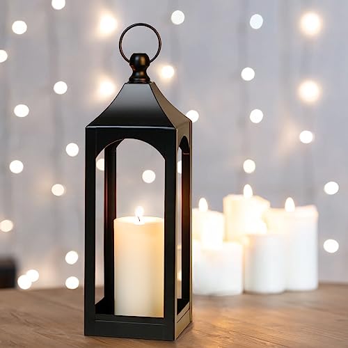 Modern Farmhouse Lantern Decor, Black Metal Decorative Hanging Candle Lanterns Ideal for Home Decor, Parties & Events, 15.1" High (No Glass Panel) - Image 4