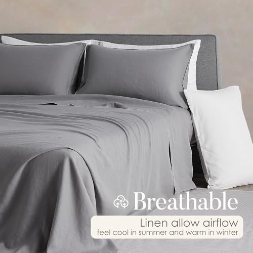 DAPU Pure Linen Sheets Set, 100% French Linen from Normandy, Breathable and Durable for Hot Sleepers, 4 Pcs Set - 1 Flat Sheet, 1 Fitted Sheet, 3 Pillowcases (Earl Grey, California King)