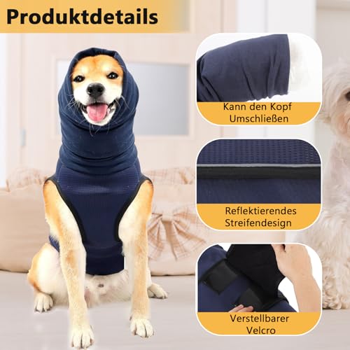 Beruhigungsweste für Hunde mit Kapuze & Reflektorstreifen – Weich & Verstellbar Atmungsaktiver Hundemantel zur Stressreduktion bei Feuerwerk, Gewitter & Reisen (Dunkelblau, XL)