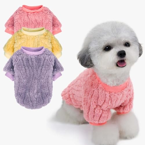 Image of FabriCastle Dog Sweater, 3-Pack Dog Clothes & Coat, Pet Jacket for Small or Medium Dogs Boy or Girl, Soft and Warm Cat Sweaters Doggy Apparel Costumes Christmas (Lavender,Pink,Butter Yellow, X-Small)