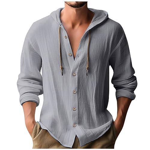 Men's Linen Button Lightweight Hoodies Fashion Shirt Cardigan Long Sleeve Casual Beach Sweatshirt, M-3XL