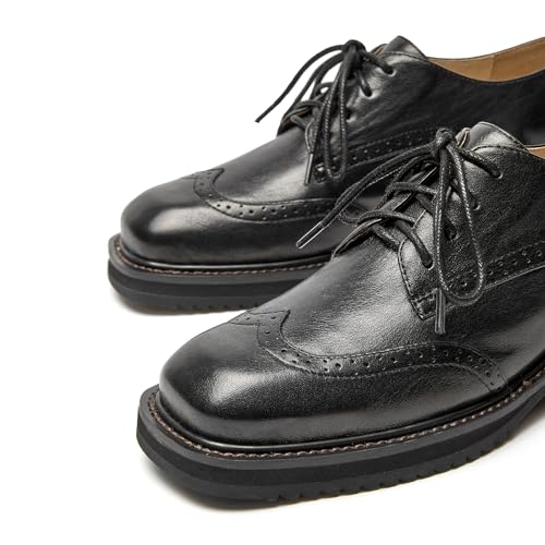 Image of BEAU TODAY Oxford Shoes for Women,Leather Brogue Dress Shoes,Comfort Brethable Ladies Lace-up Handmade Wingtip Shoes for Business Work