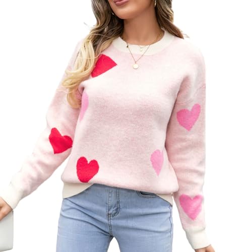 Image of Women's Cute Heart Sweater Love Print Valentine Romantic Knitted Top Casual Crewneck Long Sleeve Sweaters Pullover