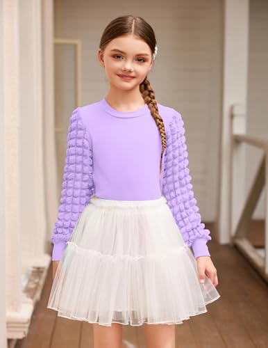 Arshiner Girls Puff Long Sleeve Shirts Ribbed Knit Cute Casual Crewneck Tops Blouse Tee2