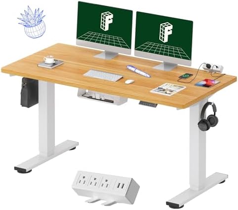 FLEXISPOT EN2 Whole-Piece Standing Desk with Clamp Power Strip, 55 x 28 Electric Stand Up Height Adjustable Desk with Cable Management (White Frame + 55" Maple Top, 2 Packages)
