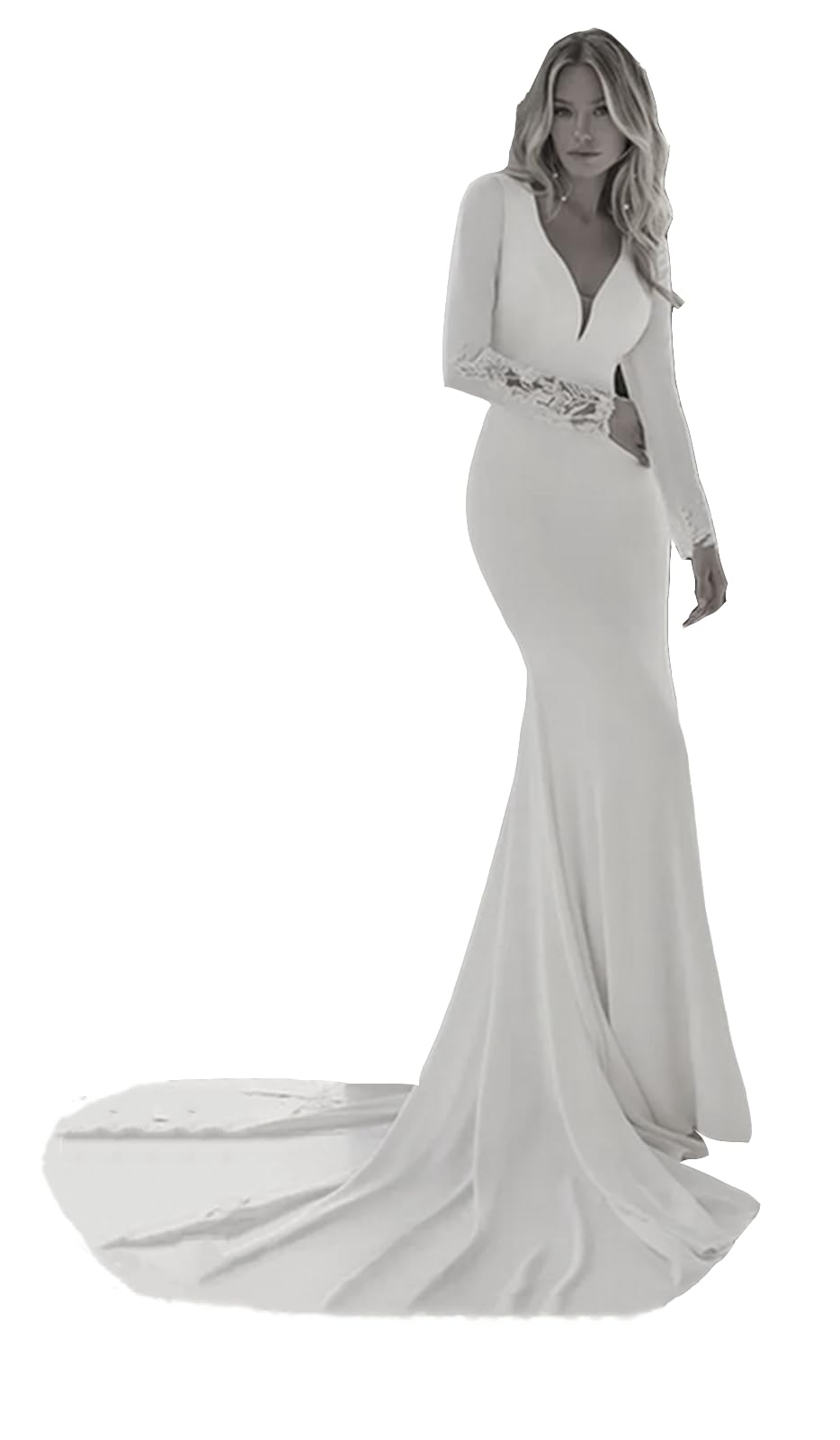 TSxuelian Robe de mariée sirène à manches longues en satin pour femme - Robe de mariée musulmane - Dos ouvert