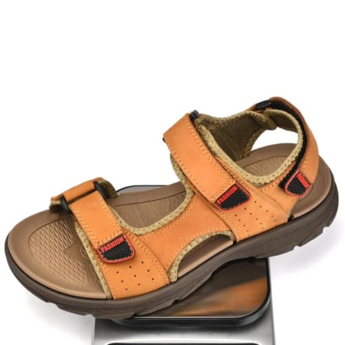 MILDSEVEN Classics Men's Real Leather Hiking Sandals, Fashion Open-Toe Sandals, Hollow Out Backpacking Beach Shoes,8,Gold3