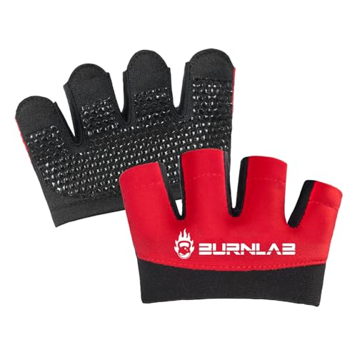 BURNLAB Workout Gloves,Short Micro Weight Lifting Gloves Grip Pads with Full Palm Protection & Extra Grip for Men Women Weightlifting,Gym,Cross Training,Powerlifting,WODs (Black & Red, S)