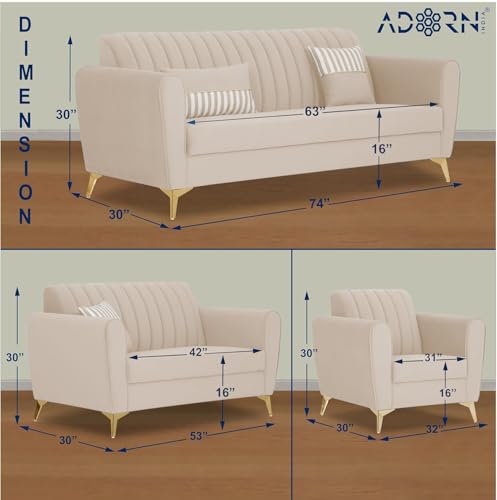 Image of Adorn India Premium Luster 3-2-1 Sofa Set | Velvet Suede Fabric | 3-Year Warranty | Color Cream with Golden Legs & Striped Pattern Cushion