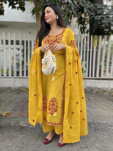 Image of GoSriKi Kurta Sets for Women Viscose Embroidered | Kurta Pant Dupatta Set | Straight Kurti Set for Women | Round Neck 3 /4 Sleeve Ethnic Suit | Designer Indian Kurti Outfit with Pants