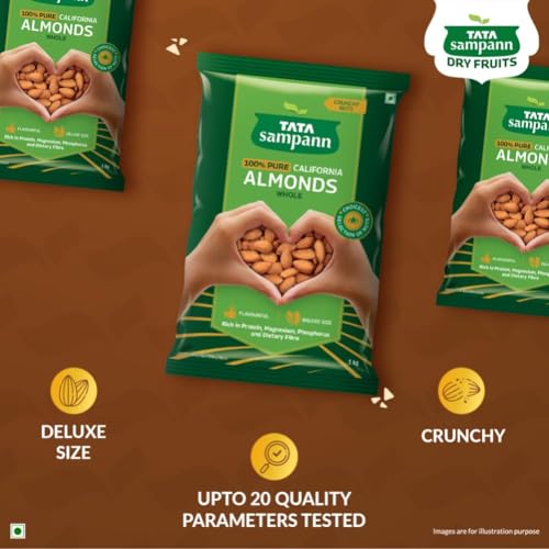 Image of Tata Sampann Pure California Almonds Whole, 1kg, Real Nuts, High In Fiber, Badam Giri, Rich In Protein, Magnesium, Phosphorus And Dietary Fibre, Nuts & Dry Fruits, Value Pack (Pack of 2)