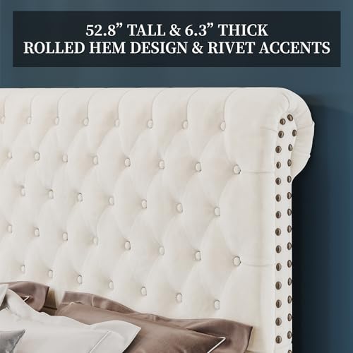 Bed-Frame-Queen-Size-Upholstered-Platform-Bed-with-528-Tall-Sleigh-Headboard-Button-Tufted-No-Box-Spring-Needed-Easy-Assembly-Cream Bed Frame Queen Size Upholstered Platform Bed with 528 Tall Sleigh Headboard Button Tufted No Box Spring Needed Easy Assembly Cream