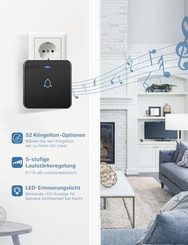 AVANTEK Funkklingel, Türklingel Funk Set, 400m Reichweite IP55 Aussen Wasserdicht Haustür Klingel mit 2 Plug-In-Empfänger, 52 Melodien, 5 Lautstärkestufen, Empfänger einfach in die Steckdose – Bild 5