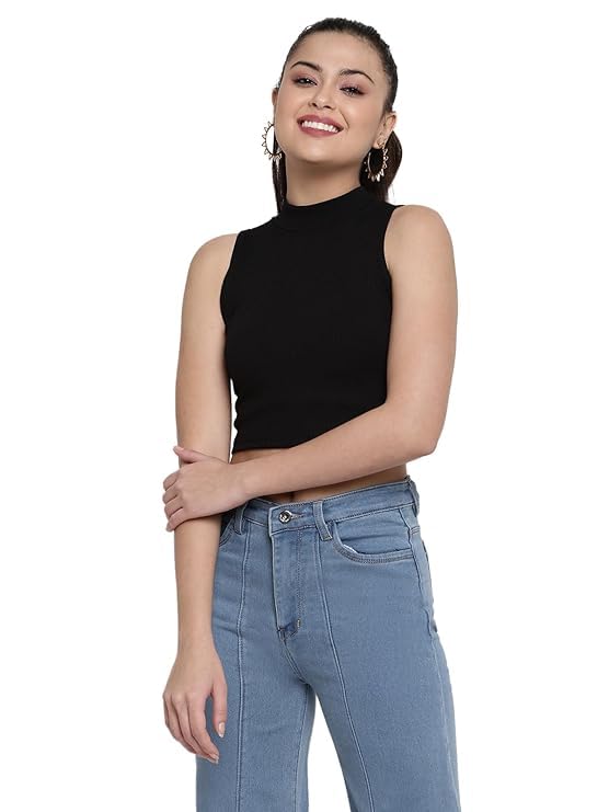 Women's & Girls' Solid Ribbed High Neck Sleeveless Crop Tops for Women-image-19