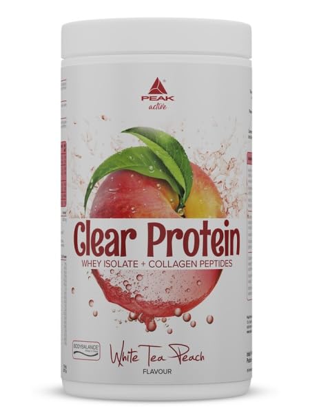 PEAK Clear Protein - 450g Geschmack White Tea Peach I 15 Portionen I klares Whey Protein Isolat + bioaktive Kollagenpeptide I BODYBALANCE I fruchtiger, erfrischender Geschmack I zuckerfrei