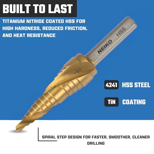 Image of NEIKO 10615A Step Drill Bit, 2 Steps 3 /8 inch to 1 /2 inch Spiral High Speed Steel, Titanium Nitride Coated, 1 /4 inch Tri Flat Step Bits for Steel, Metal, Wood, Plastic, Unibit Cone Drill Bits, Two Flute