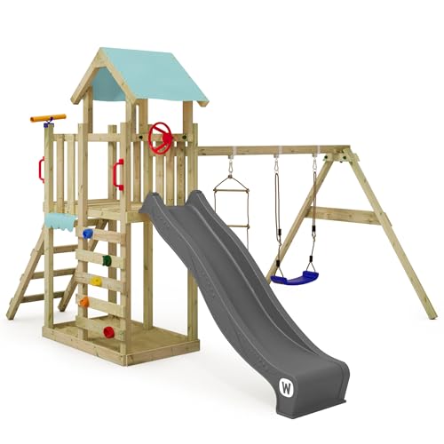 Wickey Spielturm Klettergerüst MultiFlyer Light, Schaukel & anthraziter Rutsche, Outdoor Kinder Kletterturm mit Sandkasten, Leiter & Spiel-Zubehör für den Garten