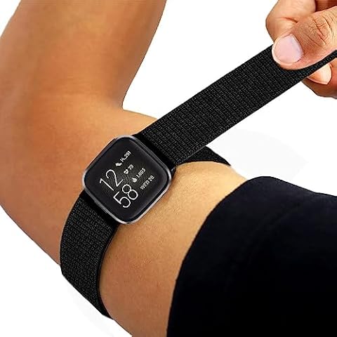 BUMOVE Nylon Arm/Ankle Band For Fitbit Versa 2, Versa, Versa SE, Versa Lite Watch, Adjustable Sport Workout Women Men Upper Arm or Ankle Band Strap (Black) Cover