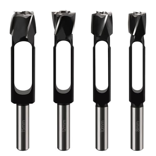 Vearter Juego de 4 cortadores de tapones de madera de 8 a 15 mm, vástago redondo, garra de acero al carbono y juego de brocas cónicas, juego de brocas de corcho para fabricación de muebles de